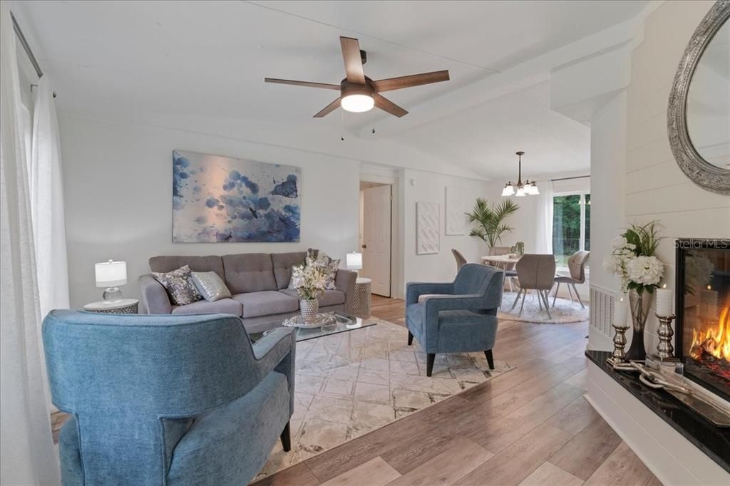 Dining room, Fireplace, Interior, Living room, Pendant Lights, Wood Texture Flooring