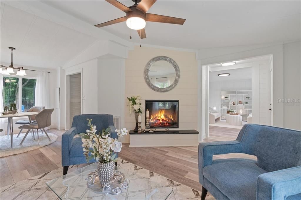 Dining room, Fireplace, Interior, Pendant Lights, Wood Texture Flooring