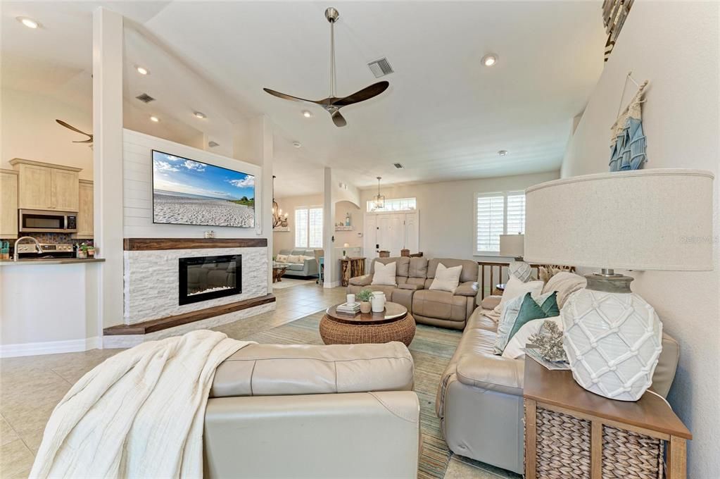Fireplace, Interior, Kitchen, Living room, Pendant Lights, Recessed Lighting
