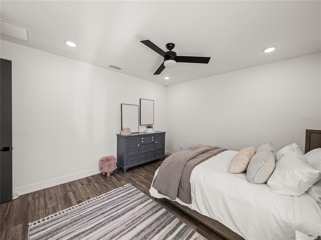 Bedroom, Interior, Recessed Lighting, Wood Texture Flooring