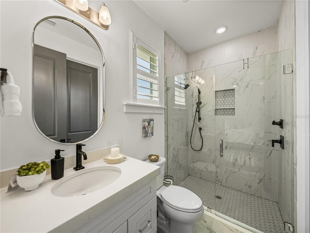 Bathroom, Glass Shower, Interior, Marble, Marble Walls, Recessed Lighting