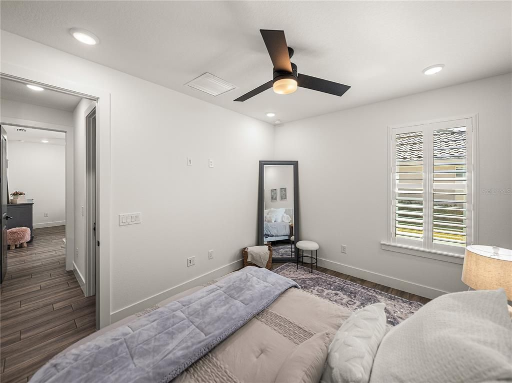 Bedroom, Interior, Recessed Lighting, Wood Texture Flooring