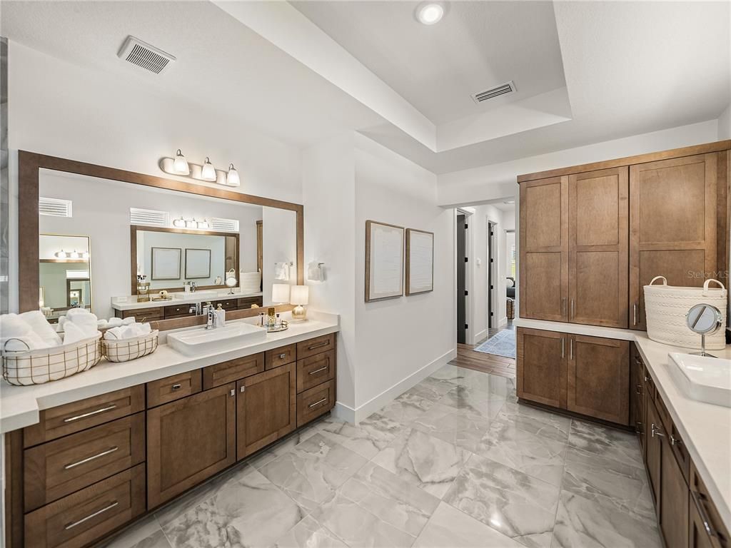 Bathroom, Dual Sink Vanities, Interior, Marble, Recessed Lighting