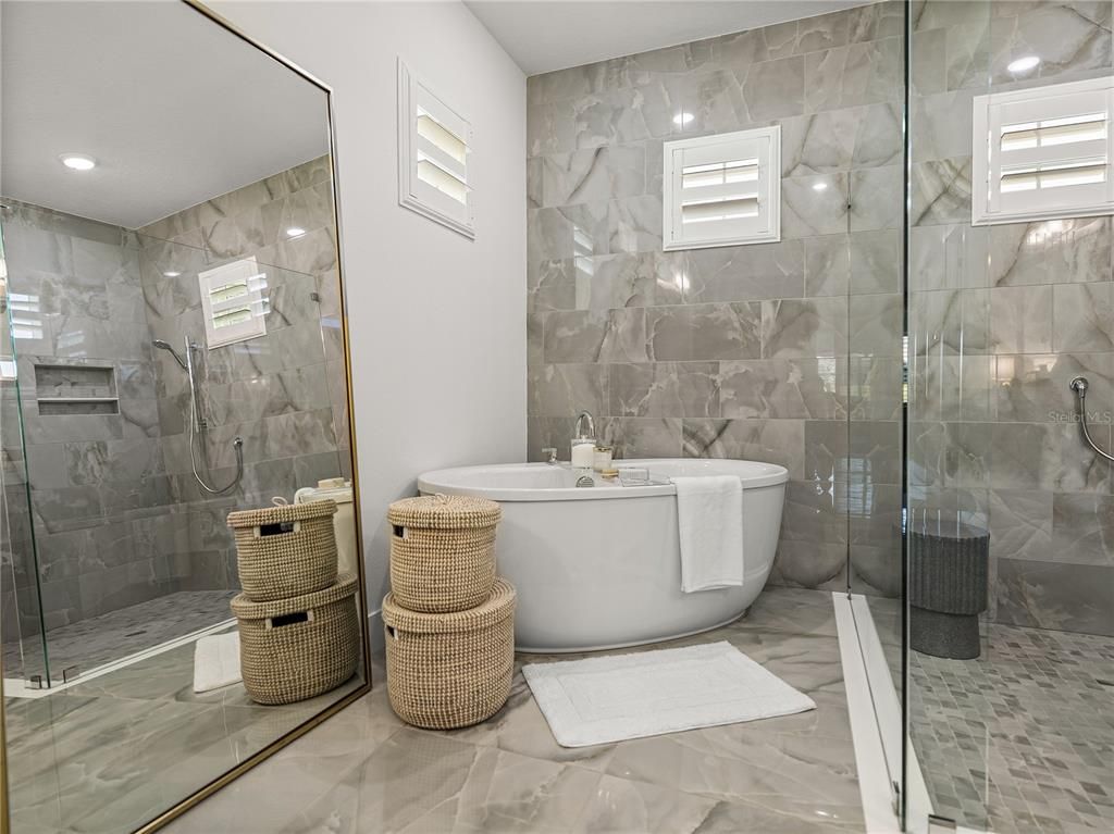 Bathroom, Free Standing Baths, Glass Shower, Interior, Marble Walls, Recessed Lighting