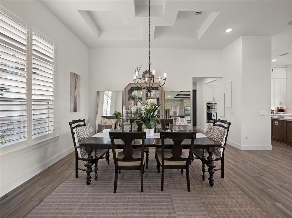 Chandelier, Dining room, Interior, Kitchen, Recessed Lighting, Wood Texture Flooring