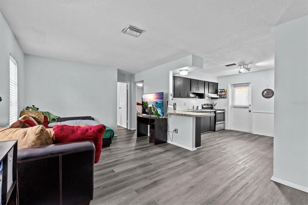 Interior, Kitchen, Living room, Stainless Steel Appliances, Wood Texture Flooring