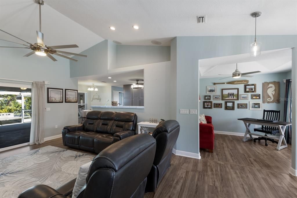 Dining room, Interior, Pendant Lights, Recessed Lighting, Wood Texture Flooring