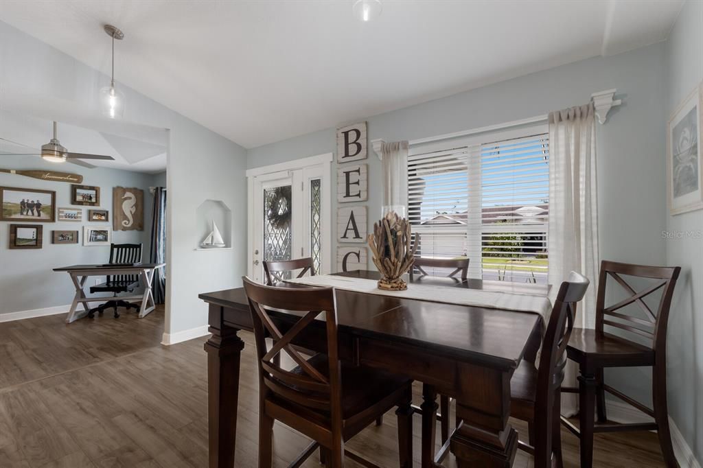 Dining room, Interior, Pendant Lights, Wood Texture Flooring