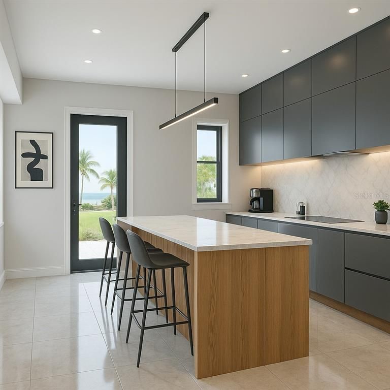 Interior, Kitchen, Marble Walls, Pendant Lights, Recessed Lighting