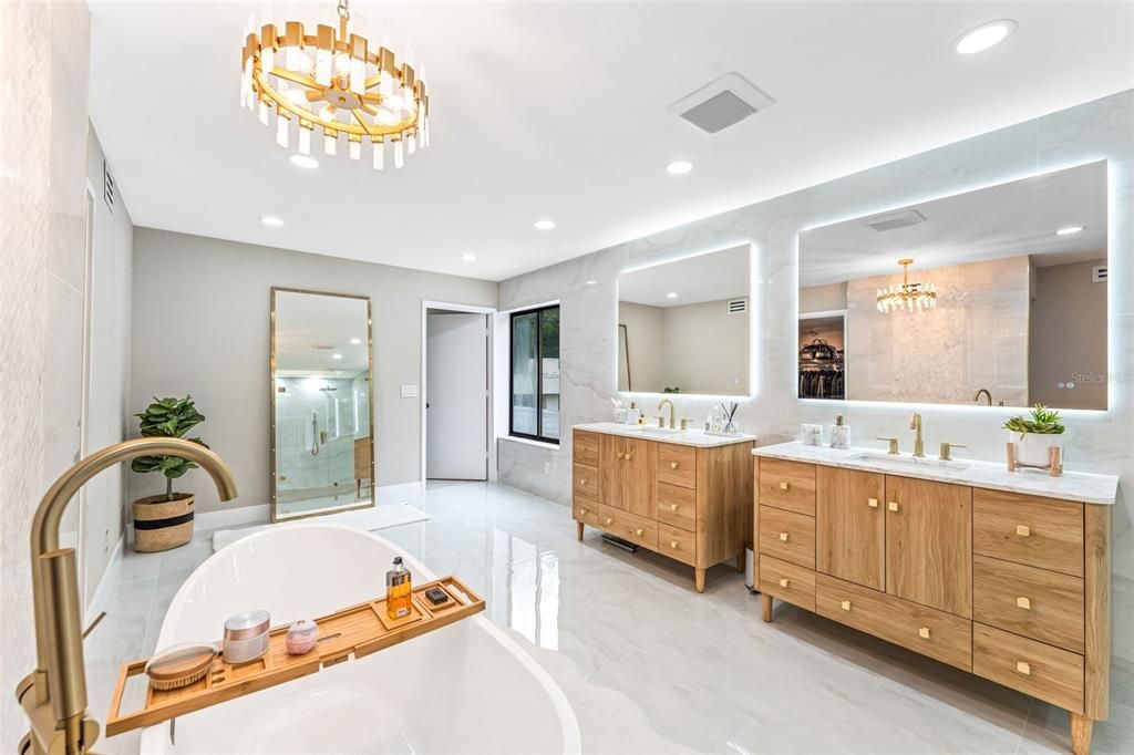 Bathroom, Chandelier, Dual Sink Vanities, Free Standing Baths, Glass Shower, Interior, Marble, Recessed Lighting