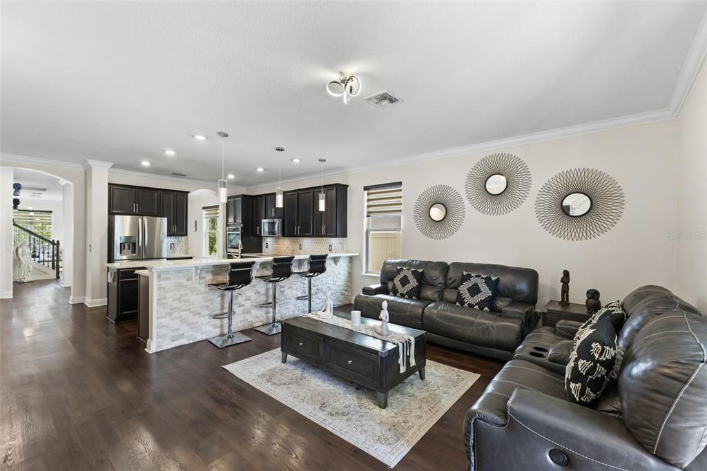 Interior, Kitchen, Living room, Pendant Lights, Recessed Lighting, Stainless Steel Appliances, Wood Texture Flooring