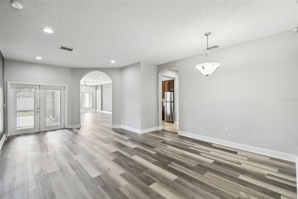 Empty room, Interior, Pendant Lights, Recessed Lighting, Wood Texture Flooring