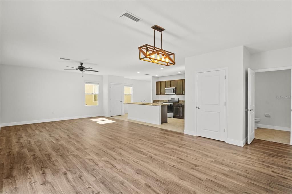 Empty room, Interior, Kitchen, Pendant Lights, Recessed Lighting, Wood Texture Flooring