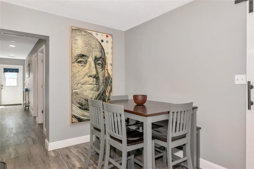 Dining room, Interior, Recessed Lighting, Wood Texture Flooring