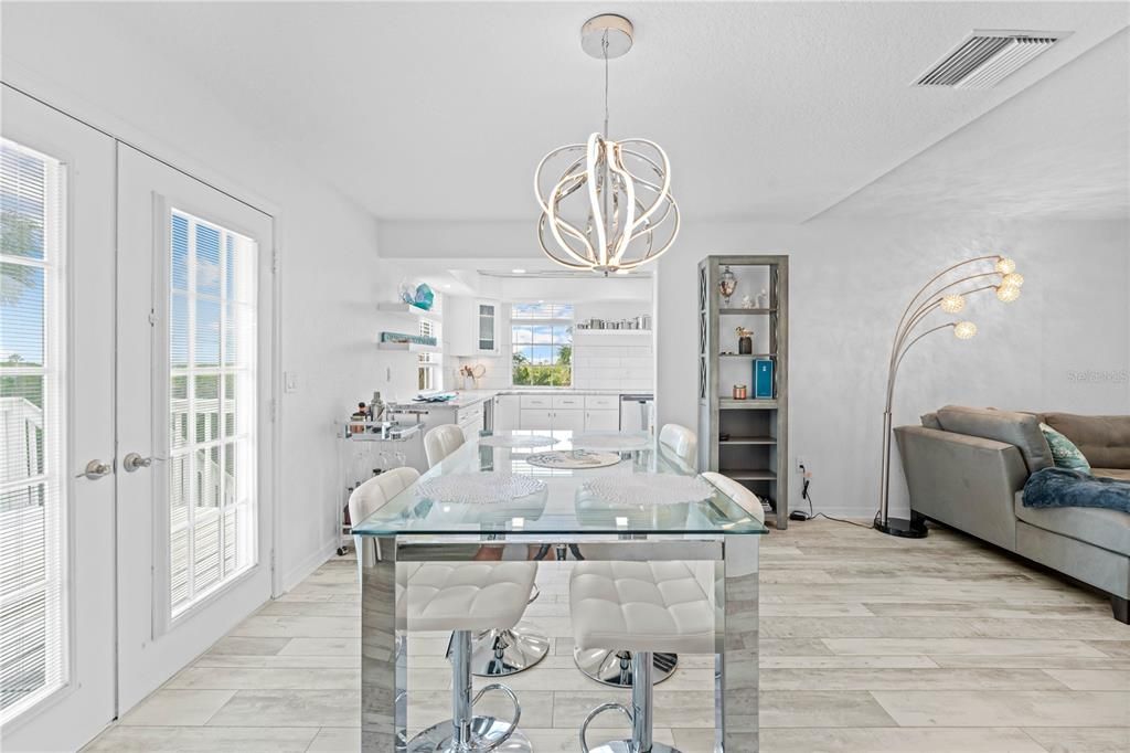 Dining room, Interior, Kitchen, Pendant Lights, Wood Texture Flooring