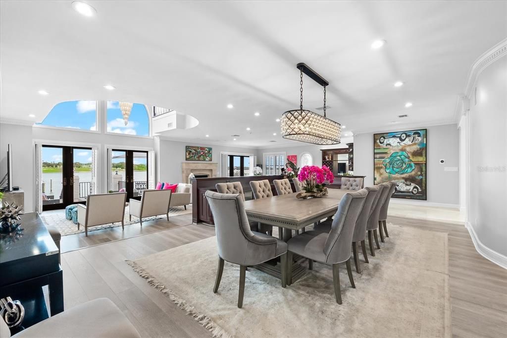 Chandelier, Dining room, Interior, Living room, Recessed Lighting, Wood Texture Flooring