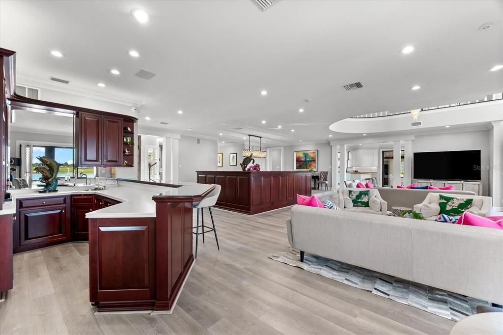 Interior, Kitchen, Living room, Pendant Lights, Recessed Lighting, Wood Texture Flooring