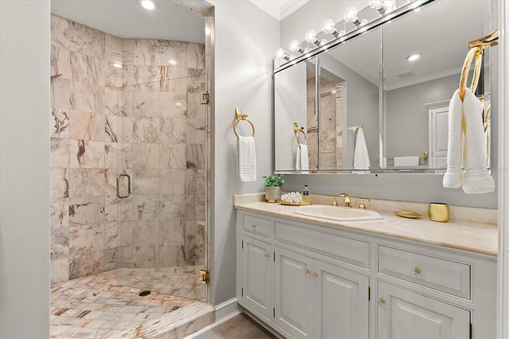 Bathroom, Interior, Marble Walls, Recessed Lighting