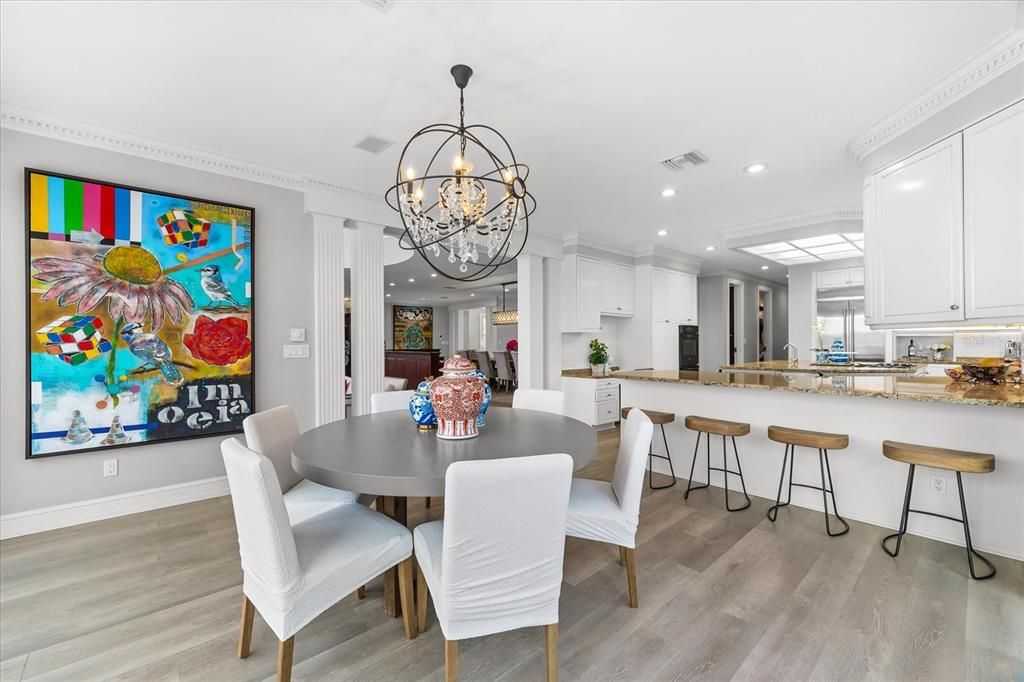 Chandelier, Dining room, Interior, Kitchen, Recessed Lighting, Wood Texture Flooring