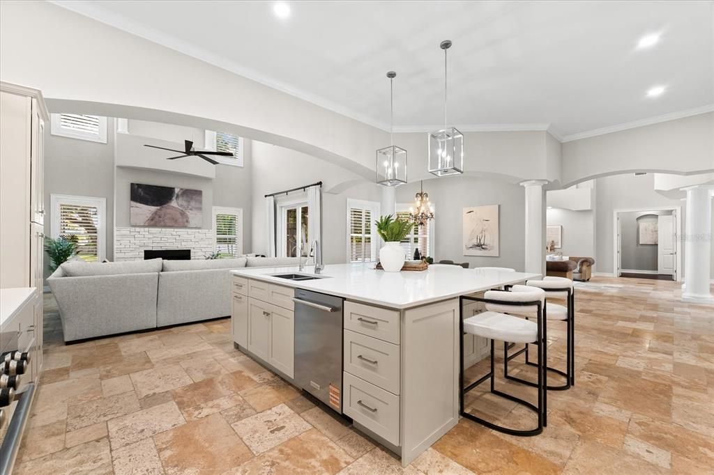 Dining room, Fireplace, Interior, Kitchen, Living room, Pendant Lights, Recessed Lighting
