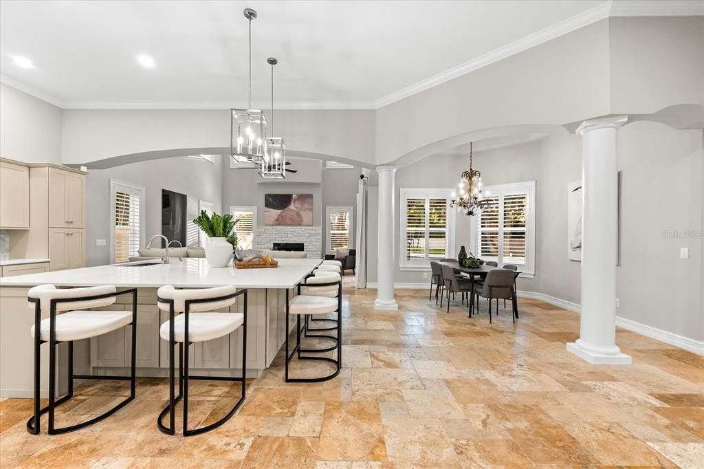 Chandelier, Dining room, Fireplace, Interior, Kitchen, Pendant Lights, Recessed Lighting