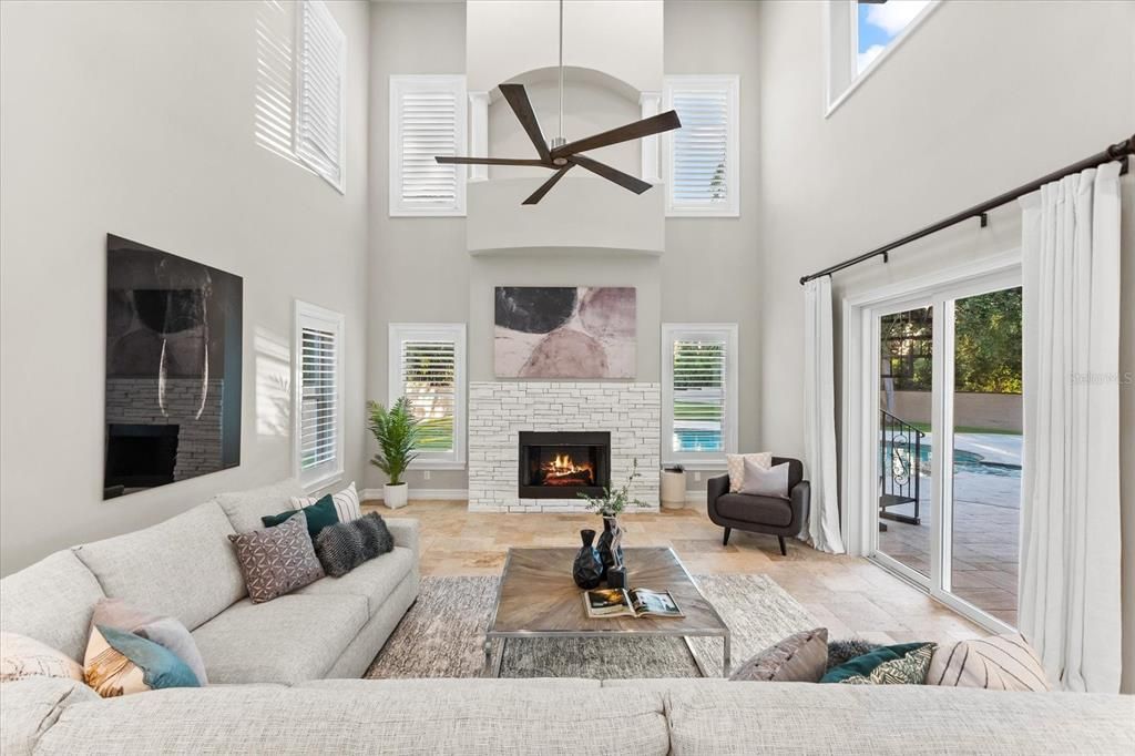 Fireplace, Interior, Living room, Pendant Lights