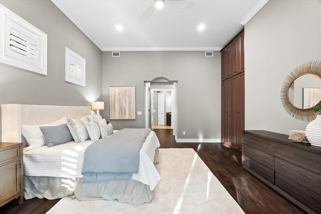 Bedroom, Interior, Recessed Lighting, Wood Texture Flooring