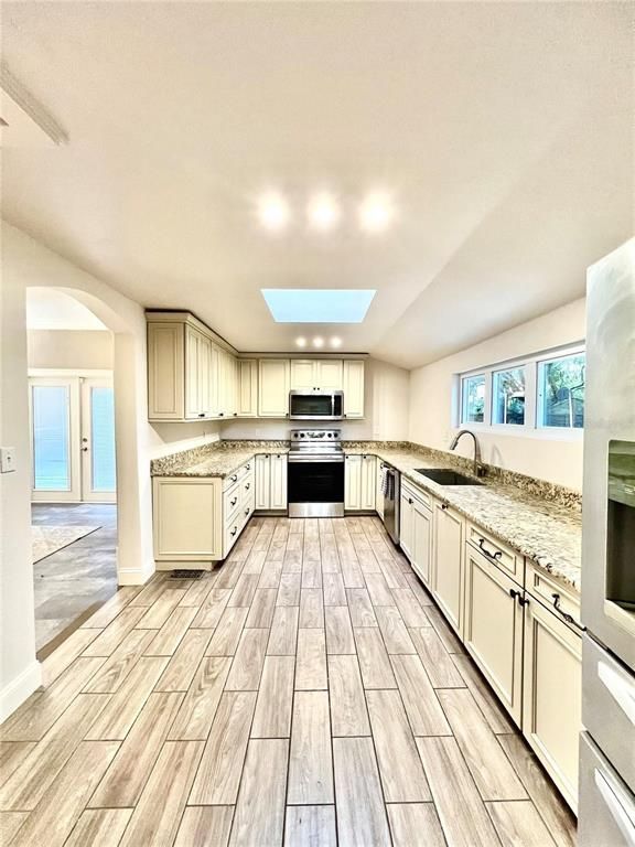 Interior, Kitchen, Recessed Lighting, Stainless Steel Appliances, Wood Texture Flooring