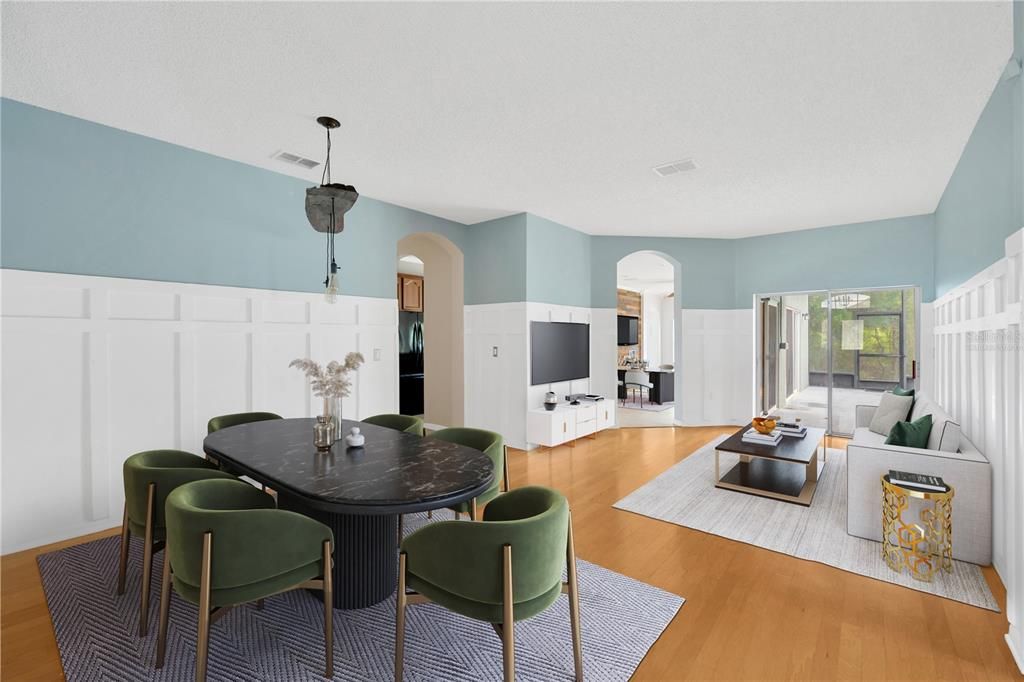 Dining room, Interior, Living room, Pendant Lights, Wood Texture Flooring