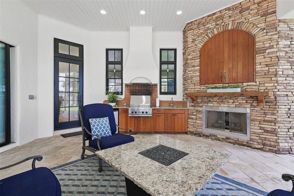 Fireplace, Interior, Recessed Lighting, Stone Walls
