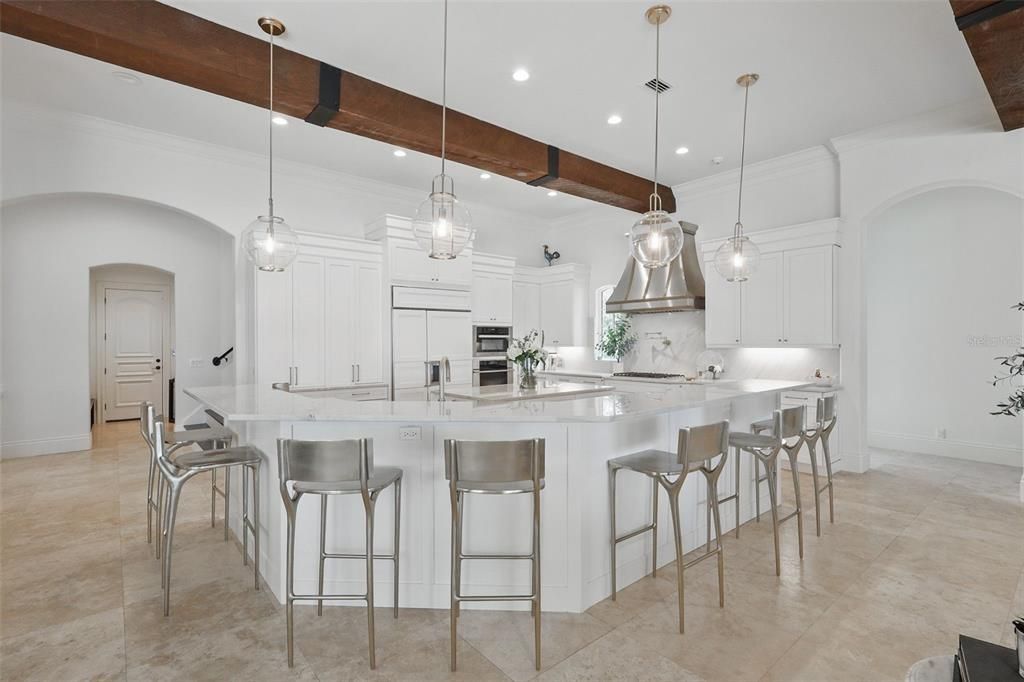 Interior, Kitchen, Pendant Lights, Recessed Lighting, Stainless Steel Appliances, Wooden Beams