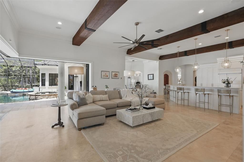Interior, Living room, Pendant Lights, Recessed Lighting, Wooden Beams