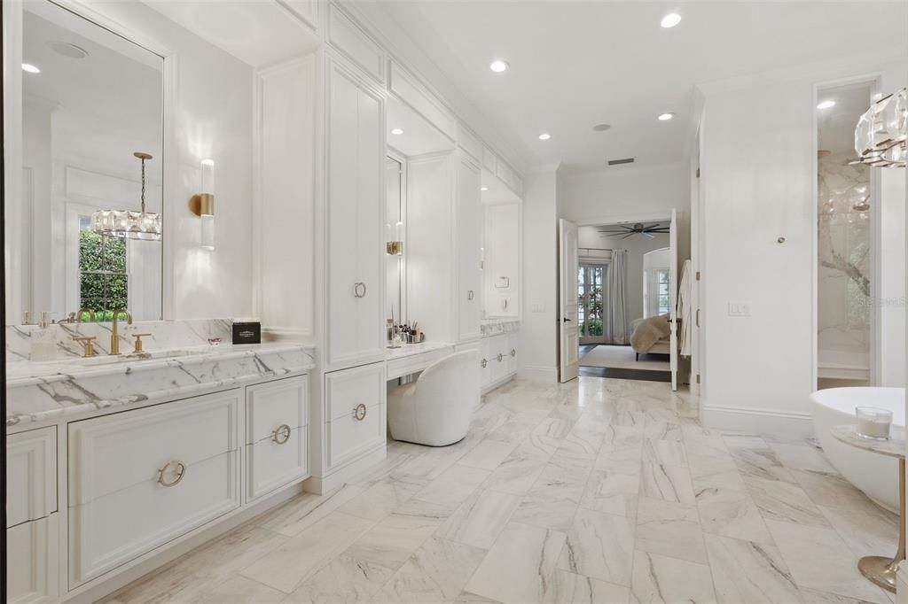 Bathroom, Dual Sink Vanities, Interior, Marble, Pendant Lights, Recessed Lighting