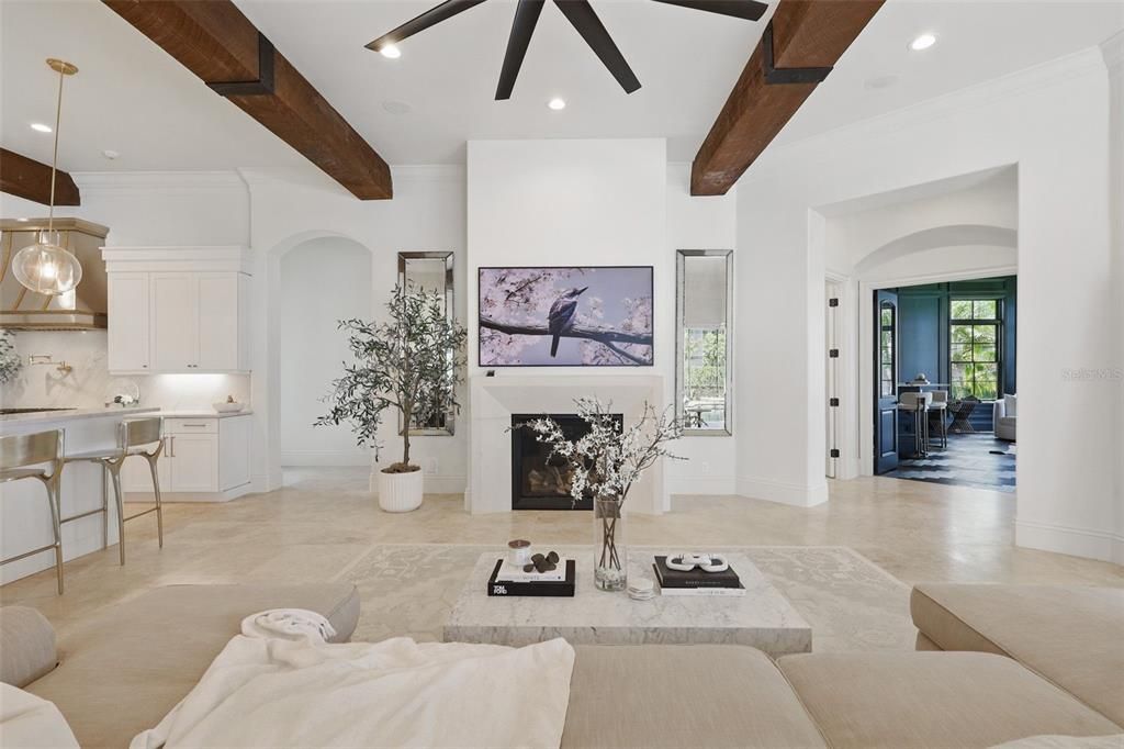 Fireplace, Interior, Kitchen, Living room, Pendant Lights, Recessed Lighting, Wooden Beams