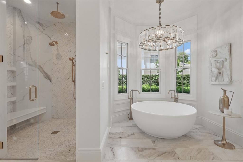 Bathroom, Free Standing Baths, Glass Shower, Interior, Marble, Marble Walls, Pendant Lights