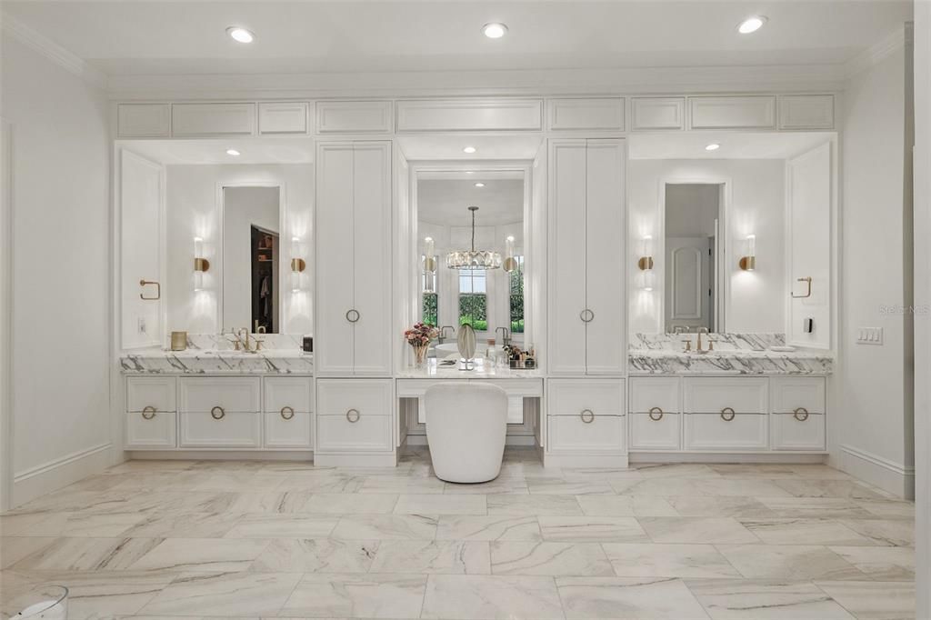 Bathroom, Chandelier, Dual Sink Vanities, Interior, Marble, Pendant Lights, Recessed Lighting
