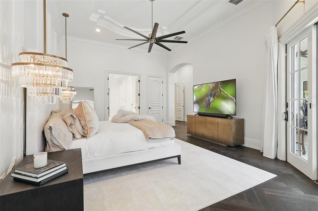 Bedroom, Chandelier, Interior, Recessed Lighting, Wood Texture Flooring