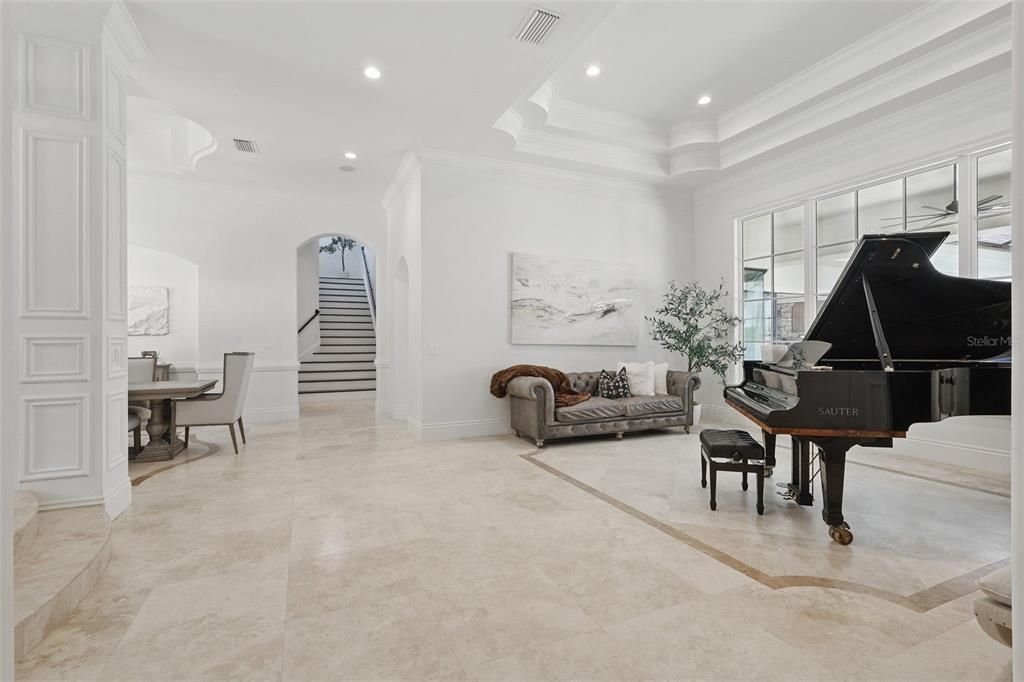 Dining room, Interior, Living room, Piano, Recessed Lighting