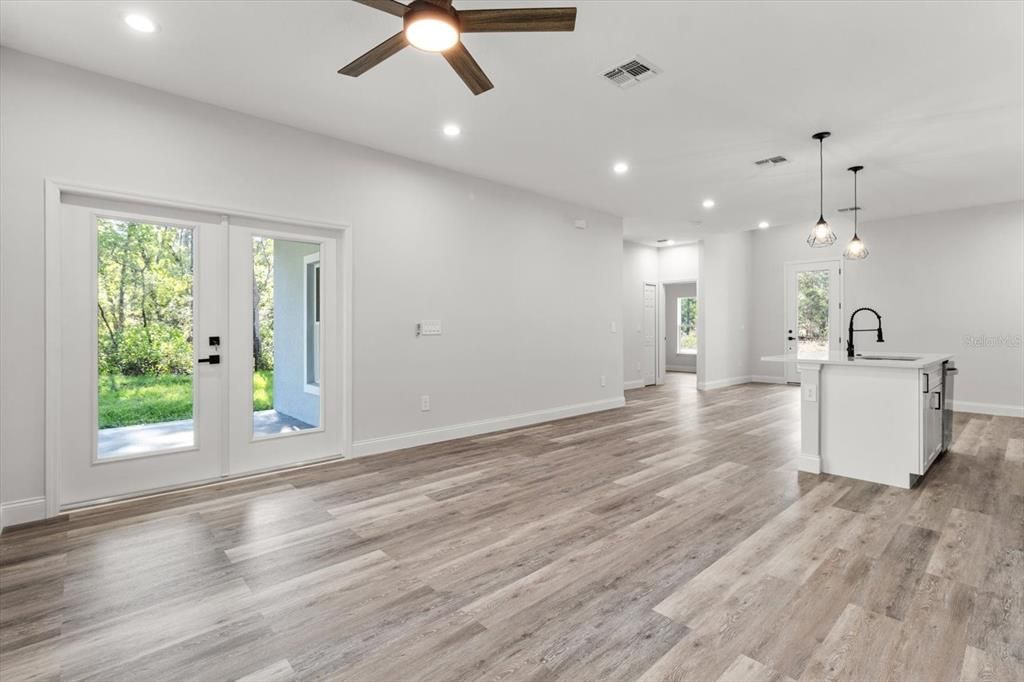 Empty room, Interior, Kitchen, Pendant Lights, Recessed Lighting, Wood Texture Flooring