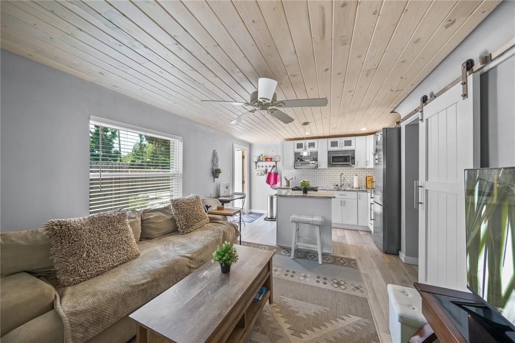 Interior, Kitchen, Living room, Recessed Lighting, Wooden Ceilings, Wood Texture Flooring