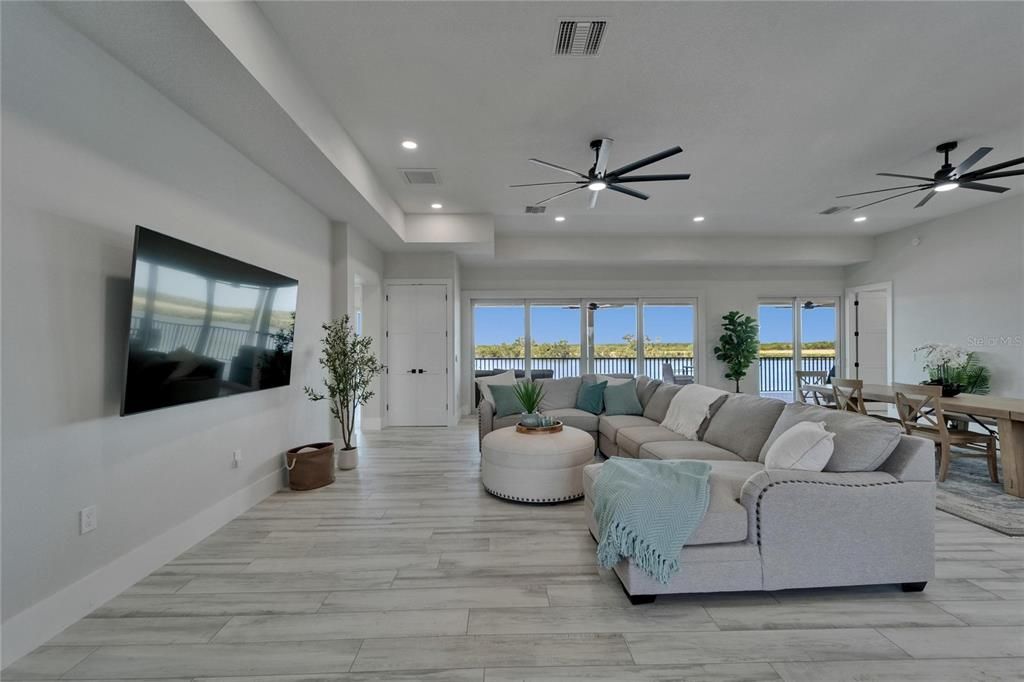 Dining room, Interior, Living room, Recessed Lighting, Wood Texture Flooring