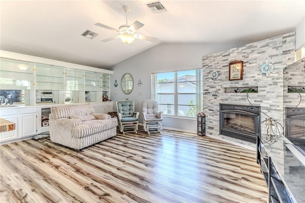 Fireplace, Interior, Living room, Stone Walls, Wood Texture Flooring