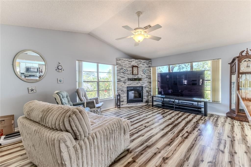 Fireplace, Interior, Living room, Stone Walls, Wood Texture Flooring