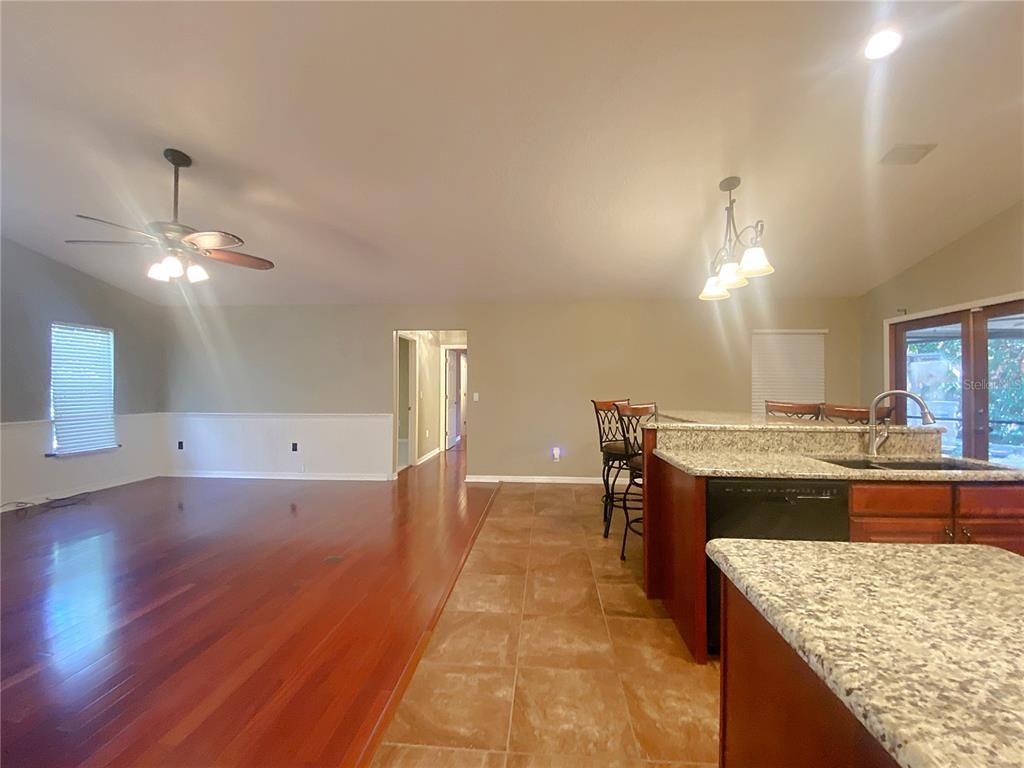 Interior, Kitchen, Pendant Lights, Recessed Lighting, Wood Texture Flooring