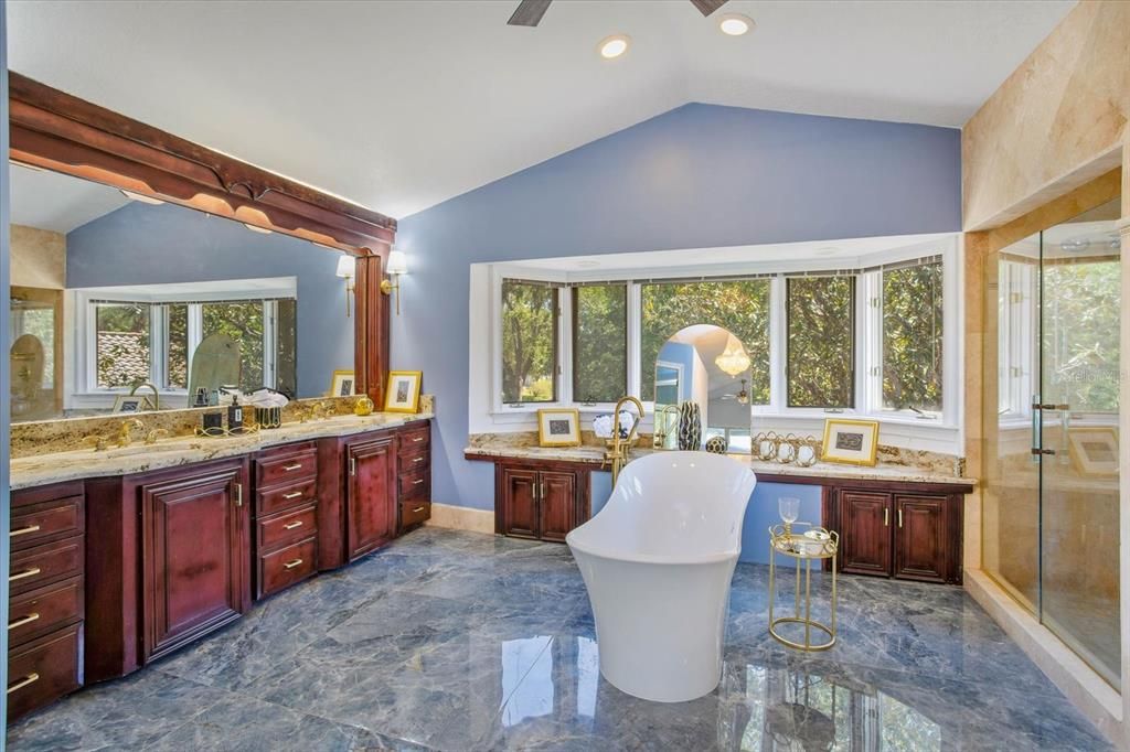 Bathroom, Dual Sink Vanities, Free Standing Baths, Glass Shower, Interior, Recessed Lighting