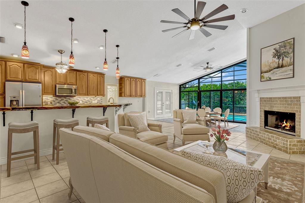 Fireplace, Interior, Kitchen, Living room, Pendant Lights, Recessed Lighting