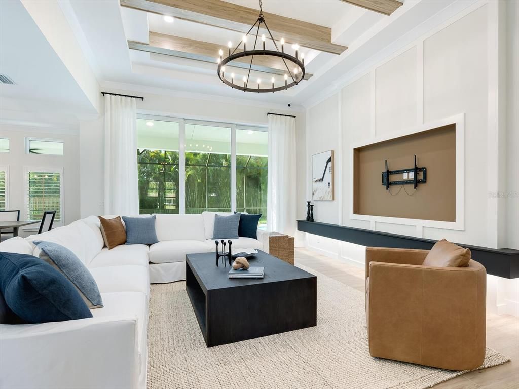 Chandelier, Interior, Living room, Recessed Lighting, Wooden Beams, Wood Texture Flooring