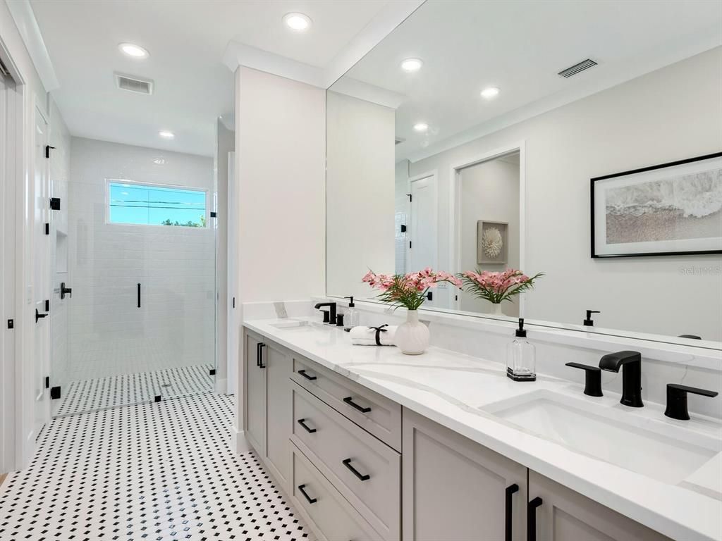 Bathroom, Dual Sink Vanities, Glass Shower, Interior, Recessed Lighting