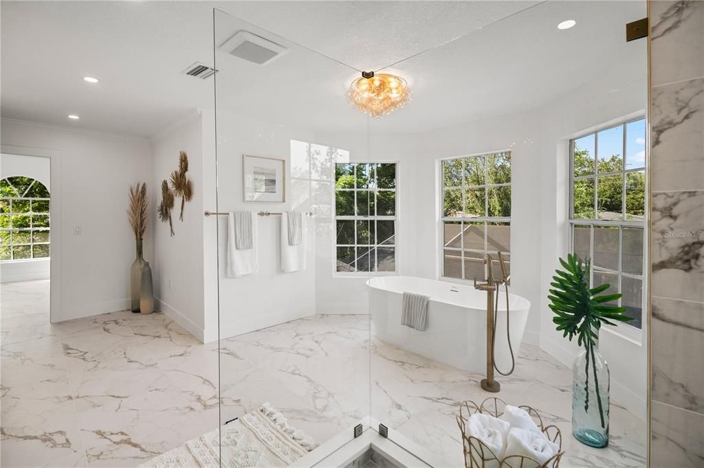 Bathroom, Chandelier, Free Standing Baths, Interior, Marble, Marble Walls, Recessed Lighting