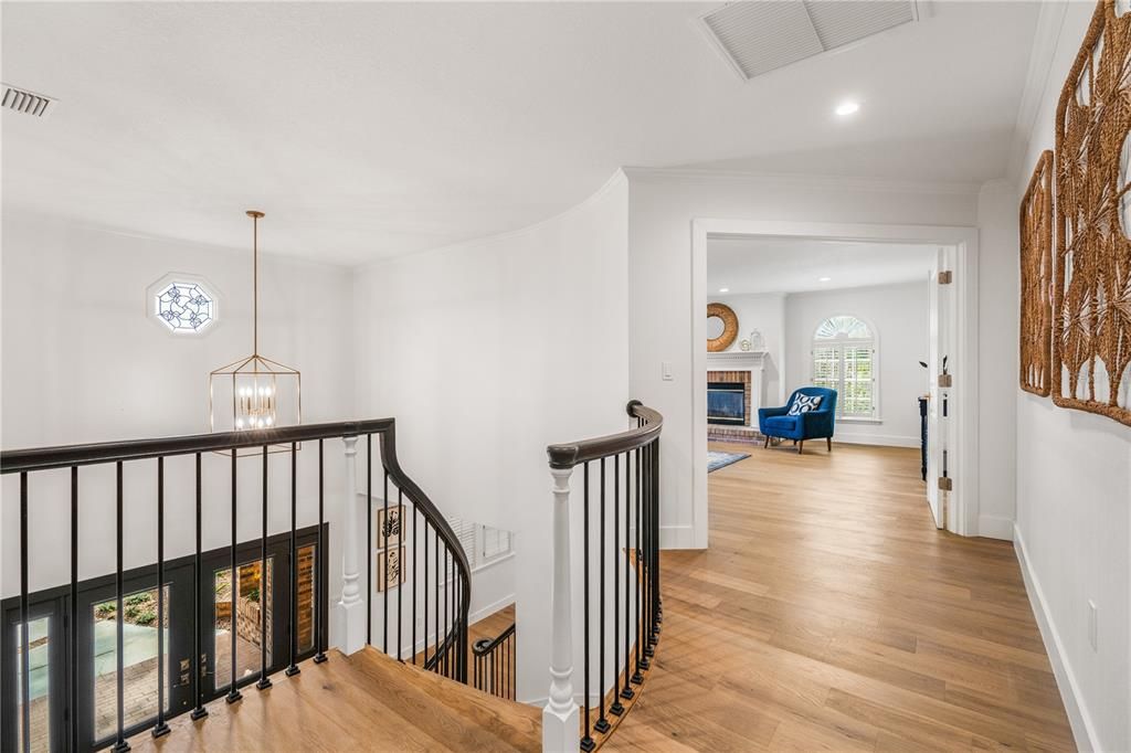 Fireplace, Interior, Pendant Lights, Recessed Lighting, Wood Texture Flooring